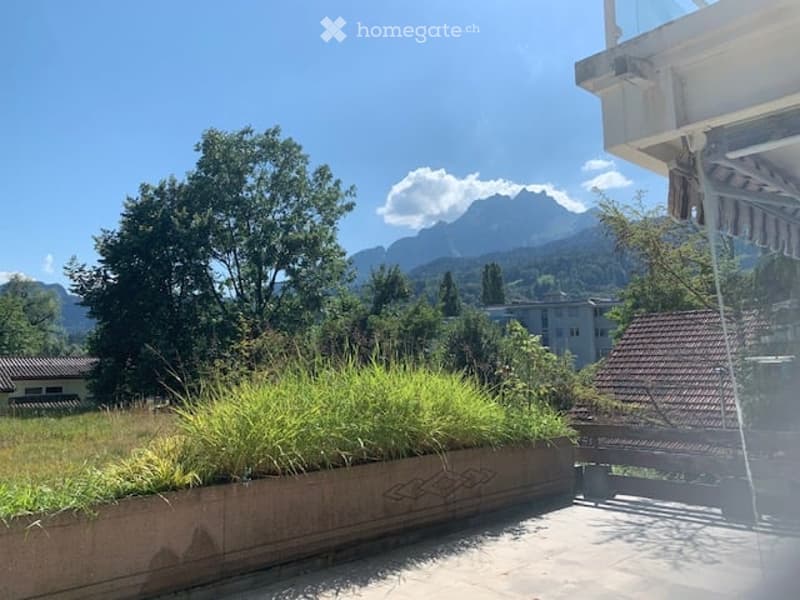 Balcony with a view of mountains and greenery, featuring a concrete planter with grass and a bench.