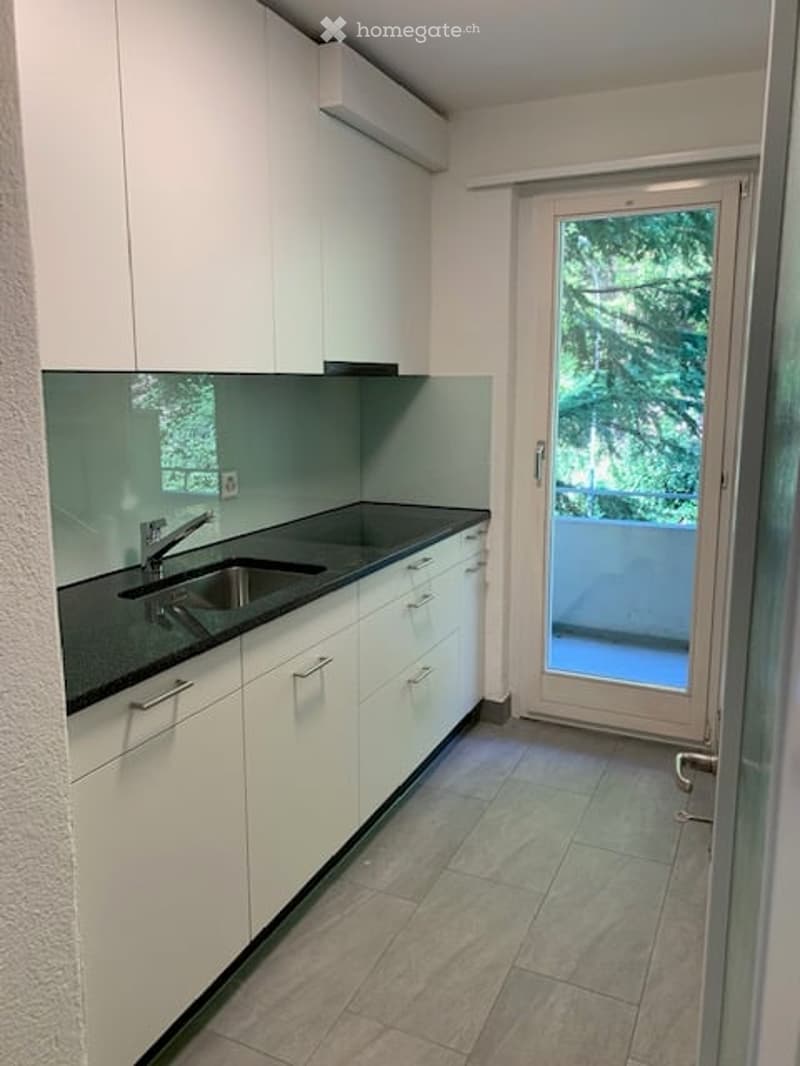 Modern kitchen with white cabinets, black countertop, and a double sink. A sliding glass door leads to a balcony with greenery visible outside.