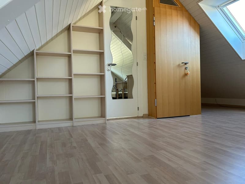 Empty attic room with wooden flooring, built-in shelves, a large mirror, and a wooden door leading to another space.
