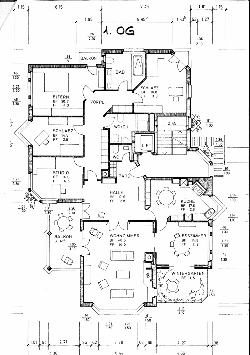 First-floor floor plan showing living room, dining room, kitchen, winter garden, bedrooms, bathrooms, balconies, and a lift.