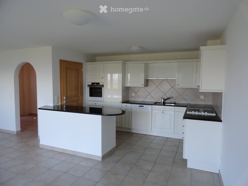 Modern kitchen with white cabinets, black countertops, and built-in appliances including an oven, stove, and dishwasher.