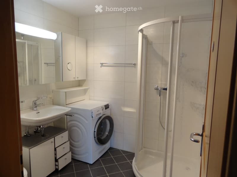 Modern bathroom with a white tiled shower stall, a white washing machine, a sink with a mirror, and a cabinet.