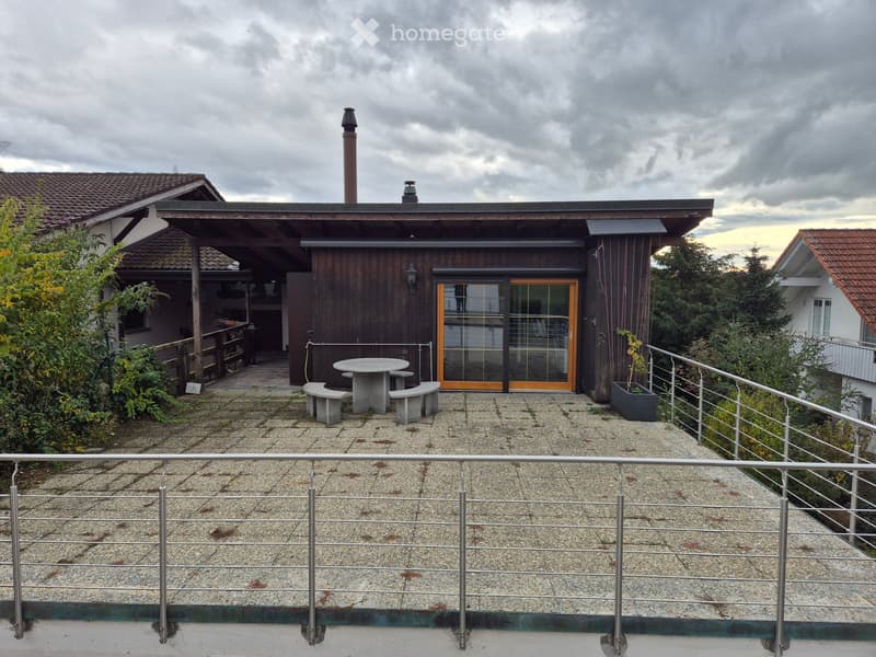 A small wooden structure with a roof, large glass door, table and benches on the terrace, surrounded by a steel fence, a chimney, plants and trees