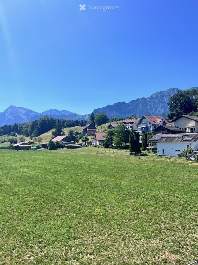 A peaceful rural landscape with a green field, scattered houses, and distant mountains under a clear blue sky.