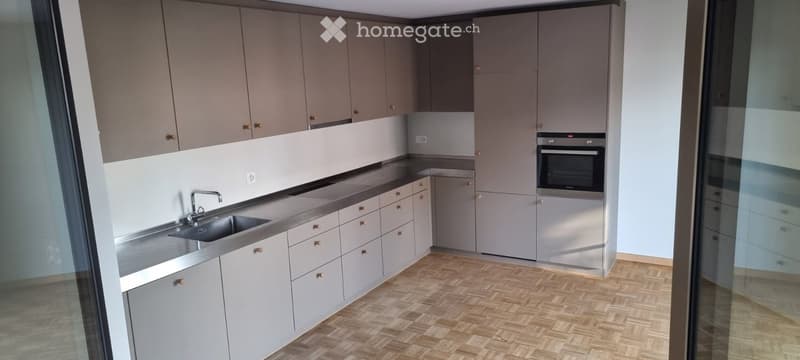Modern kitchen with grey cabinets, stainless steel sink, and built-in oven. Light-colored wooden flooring and large windows provide natural light.