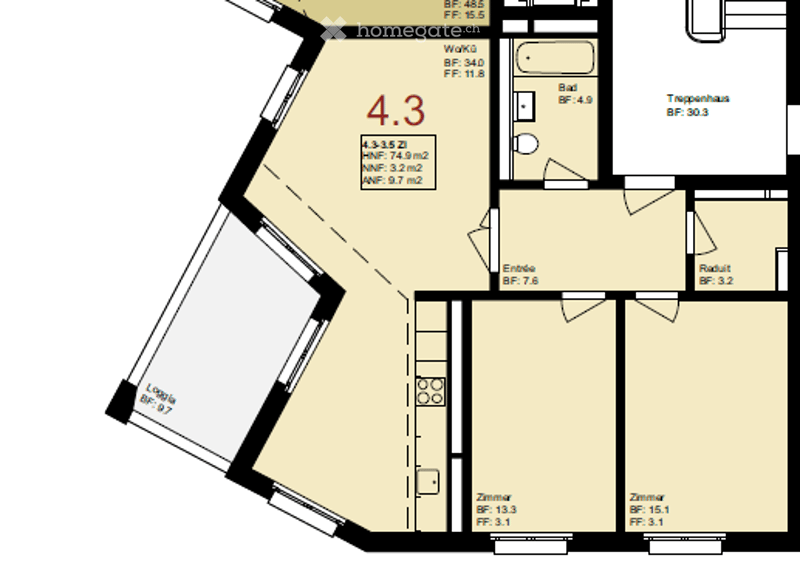 Floor plan of a residential unit with labeled rooms including living area, bedrooms, and bathrooms. Dimensions and room labels are provided.