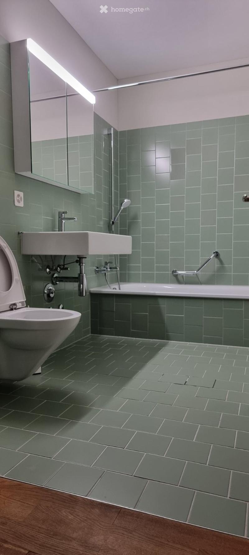 Modern bathroom with green tiles, a toilet, a sink, a bathtub, and a mirror above the sink.