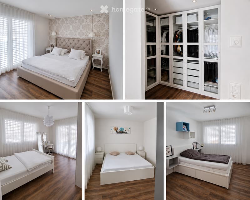 Four images showcasing different bedroom styles: a large bed with a tufted headboard and nightstands, a walk-in closet with built-in storage, a smaller bed with a vanity area, and a minimalist bed with a floating shelf and artwork.