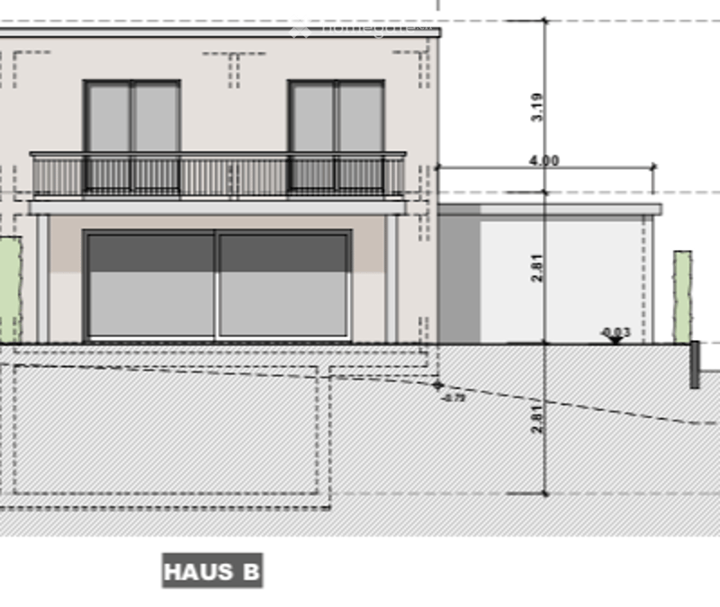 Floor plan of a two-story house labeled 'HAUS B' with dimensions and layout details, including a balcony on the upper floor and a garage on the ground floor.