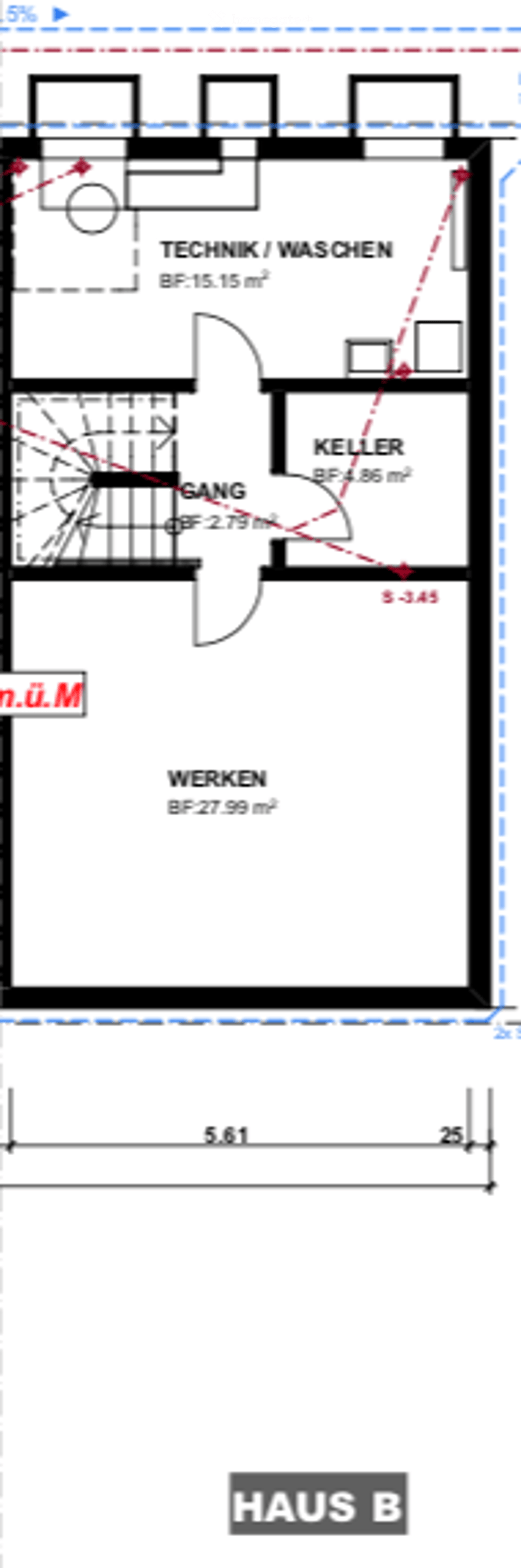 Floor plan of Haus B showing a layout with labeled areas: Techniker/Waschen, Keller, Sang, and Werken. Dimensions and floor levels are indicated.