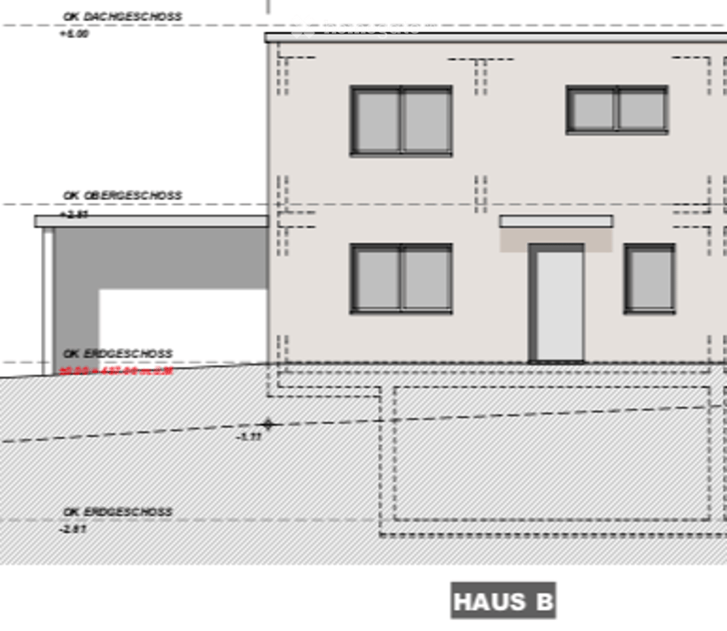 Floor plan of Haus B showing layout with labeled dimensions and room outlines.