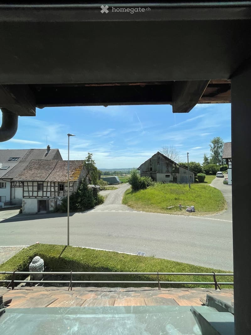 Balcony overlooking a rural landscape with houses, a road, and green fields.