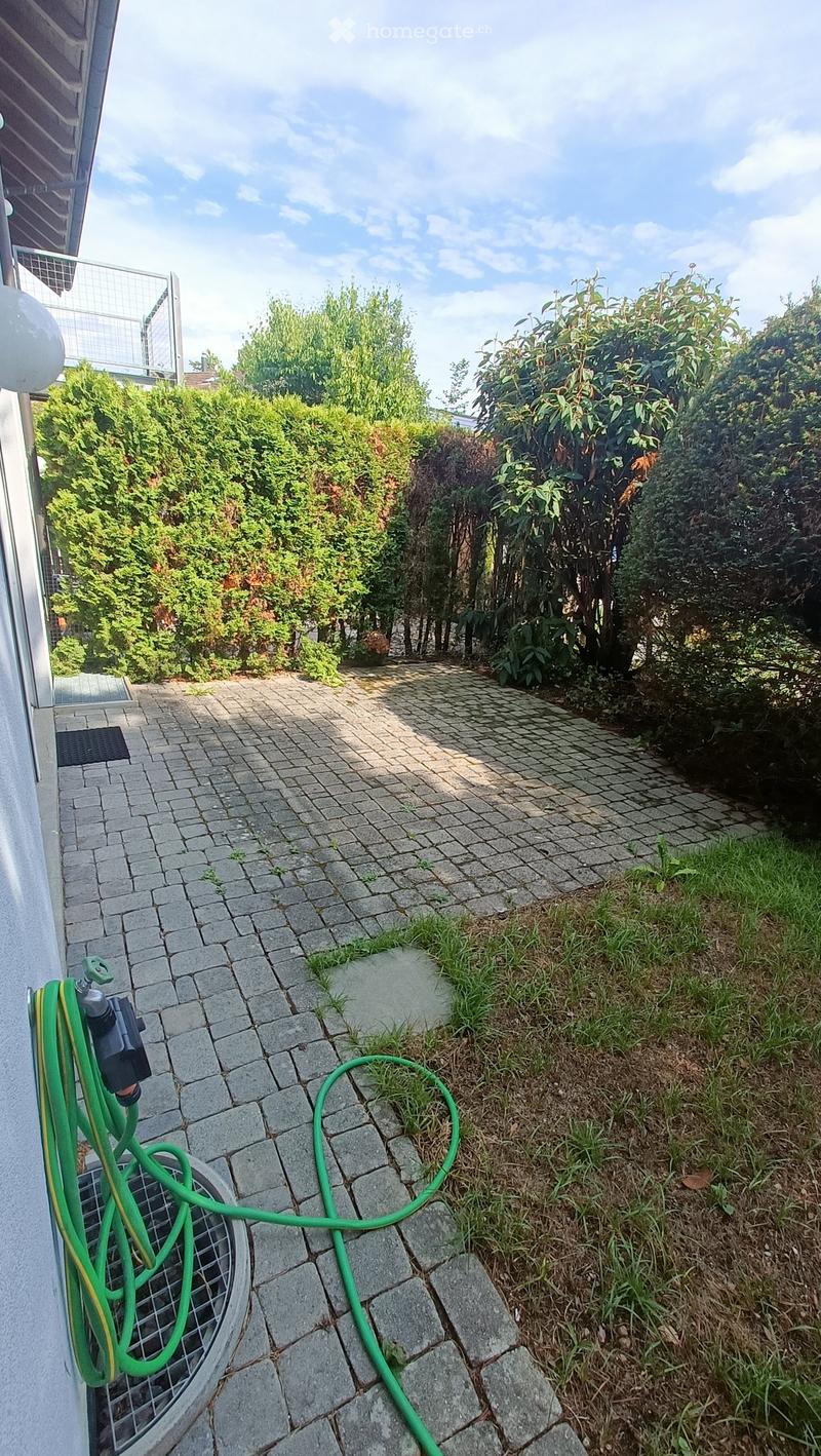 Garden area with a paved pathway, green hose, and surrounding greenery.