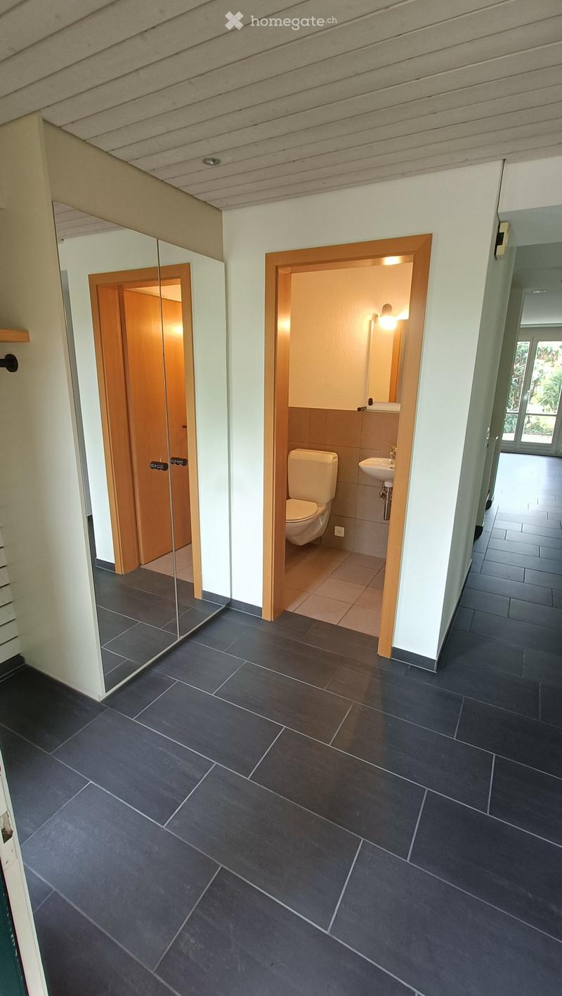 Hallway with dark tiled flooring, leading to a bathroom with a toilet, sink, and mirror. The hallway features a glass door and wooden trim.