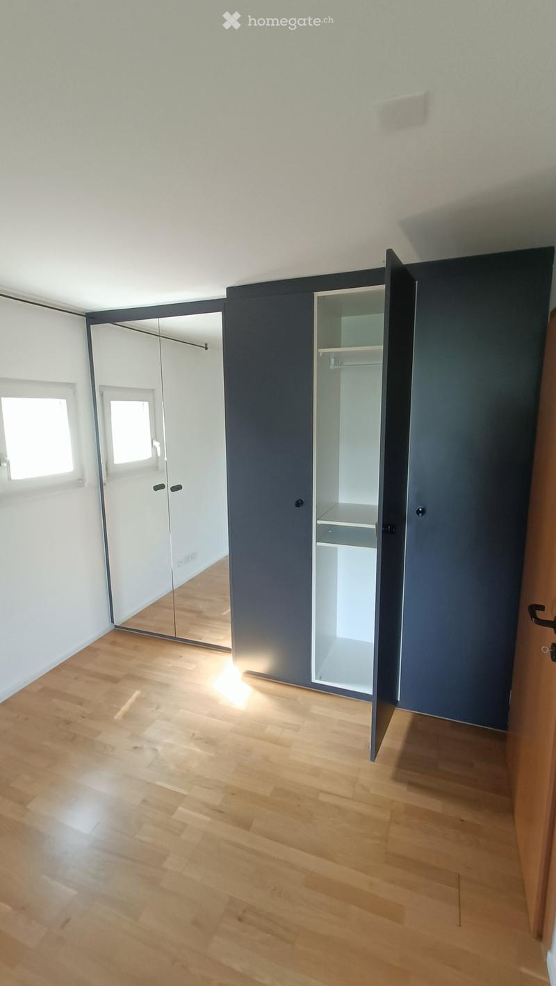 Empty room with light wooden flooring, white walls, and a large mirrored wardrobe with open shelving.