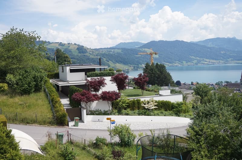 Modern two-story house with white exterior, surrounded by greenery and trees, overlooking a lake and mountains.