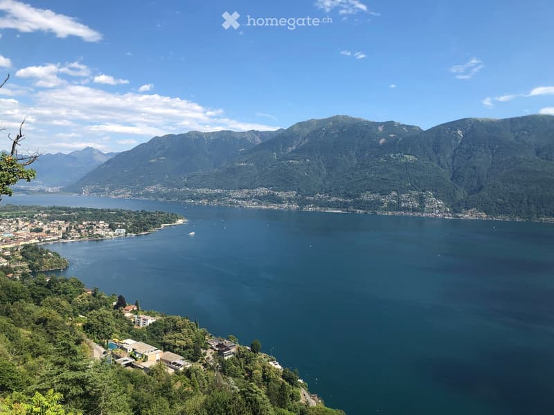 Panoramic view of a lake surrounded by mountains, with small settlements along the shore and a clear blue sky above.