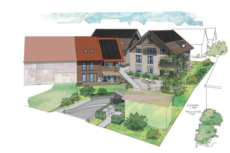 Architectural rendering of a multi-building residential complex with modern design, featuring solar panels, balconies, and landscaped grounds.