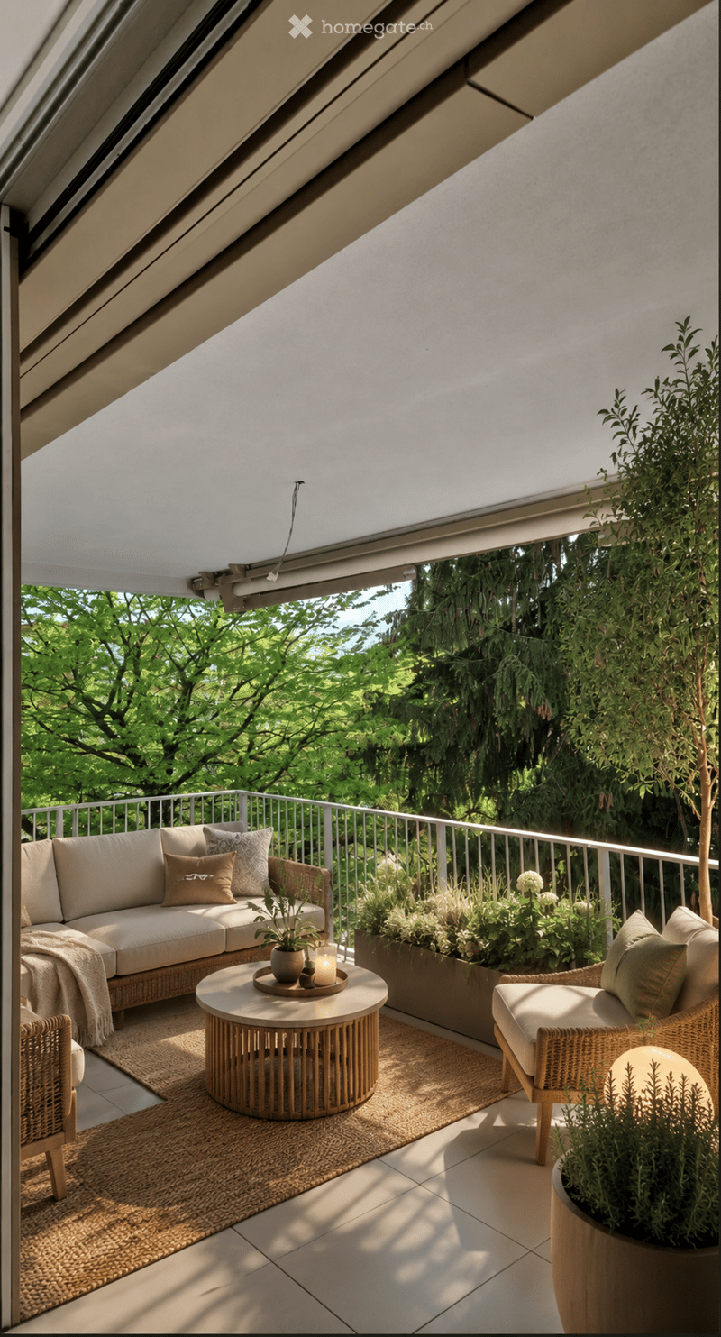 A modern, well-lit balcony with a sofa, coffee table, and chairs arranged on a woven rug. The space features potted plants, a candle, and a view of lush greenery outside.