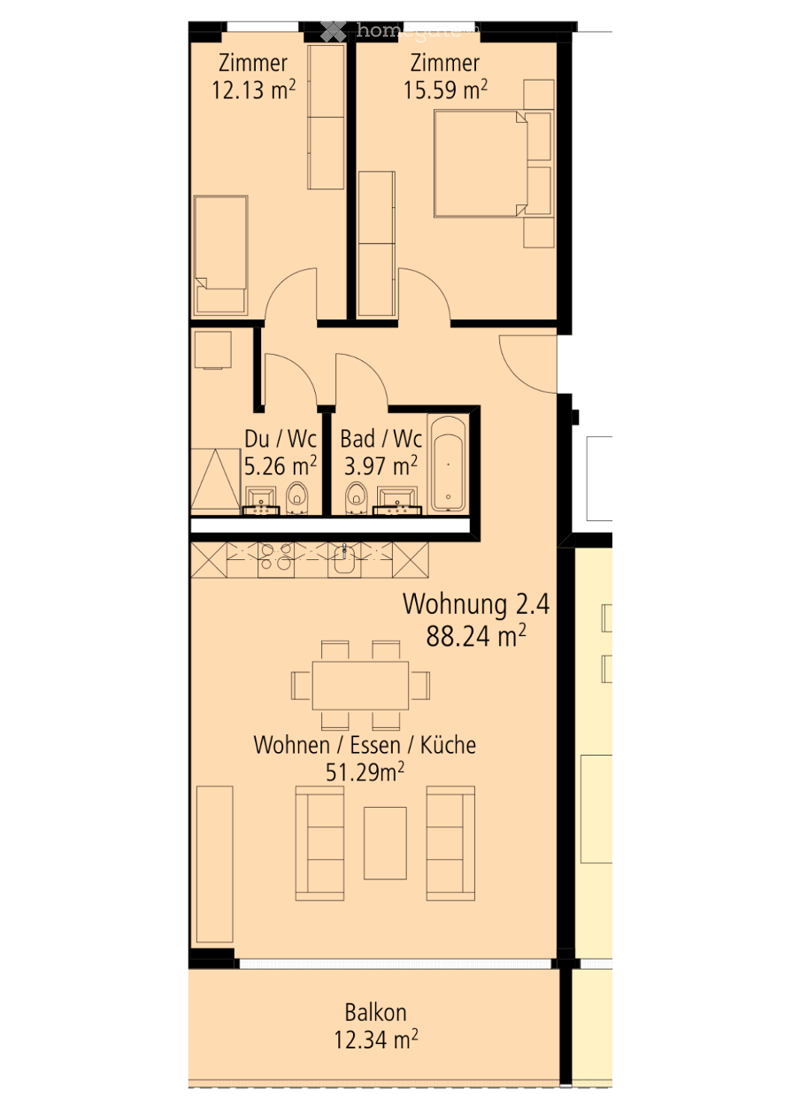 Floor plan of a 2.4 apartment with 88.24 m² total area, including living/dining/kitchen area, two bedrooms, two bathrooms, and a balcony.
