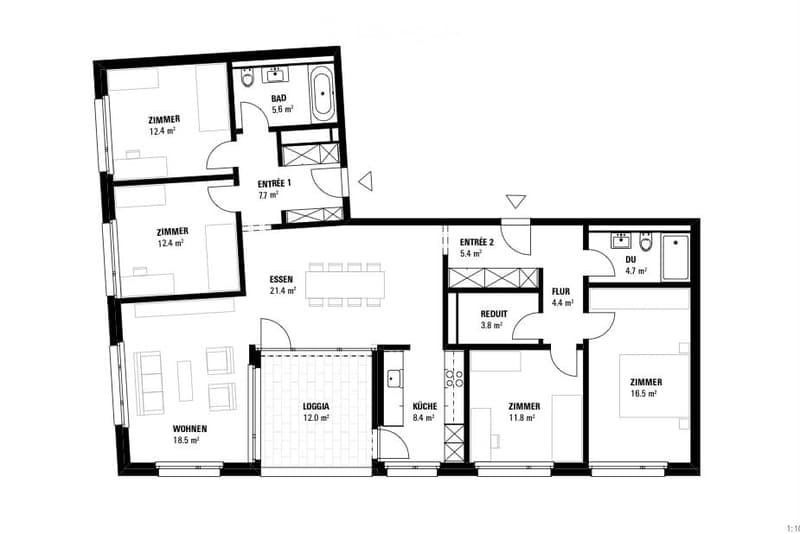 Floor plan of a 2-room apartment with living area, kitchen, dining area, two bedrooms, and two bathrooms.