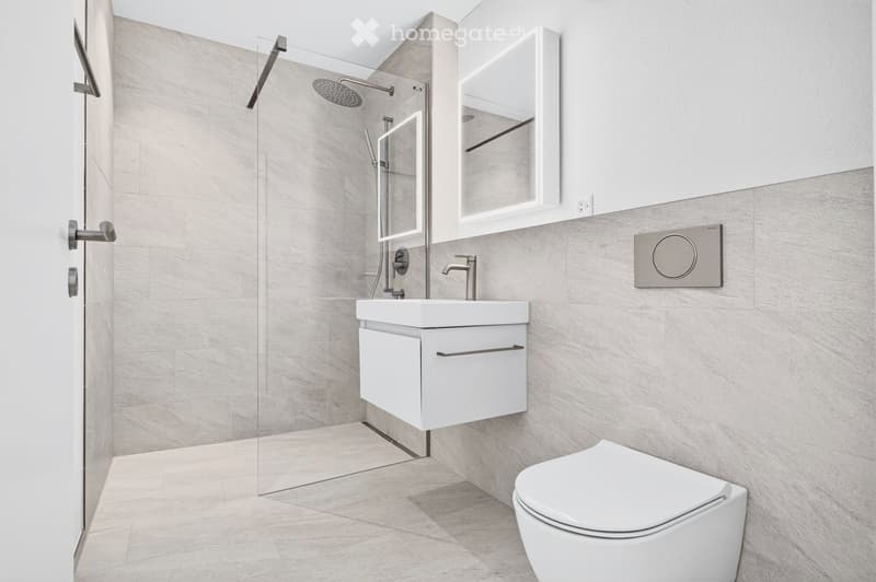Modern bathroom with a white sink, toilet, mirror, and glass-enclosed shower area.