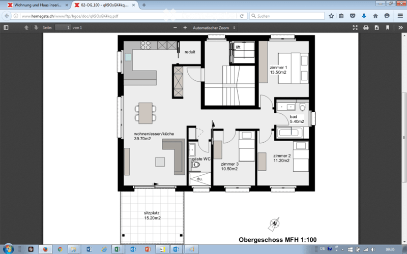 Floor plan of a 1.5-story apartment with living/dining/kitchen area, three bedrooms, bathroom, and separate WC.