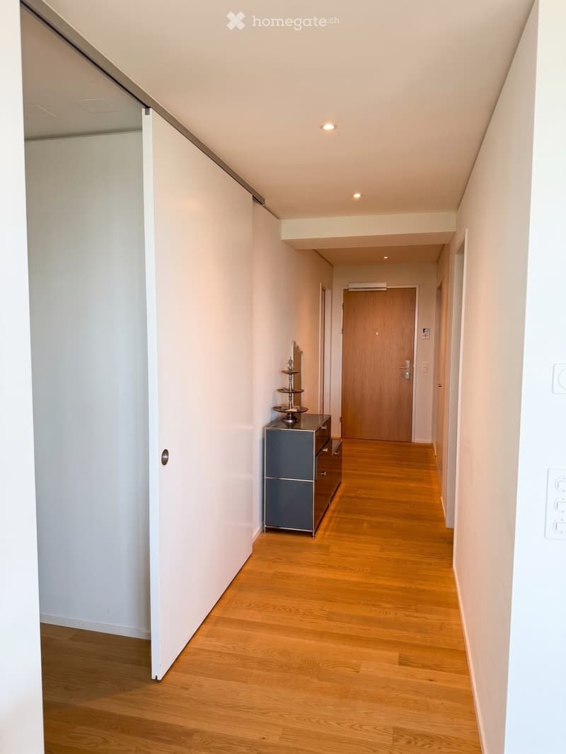 Modern hallway with wooden flooring, white walls, and recessed lighting. Features a small cabinet with a decorative table on top and a wooden door at the end.