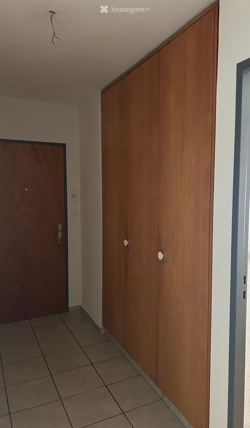 Empty hallway with tiled floor, wooden cabinetry on one side, and a closed door on the left.