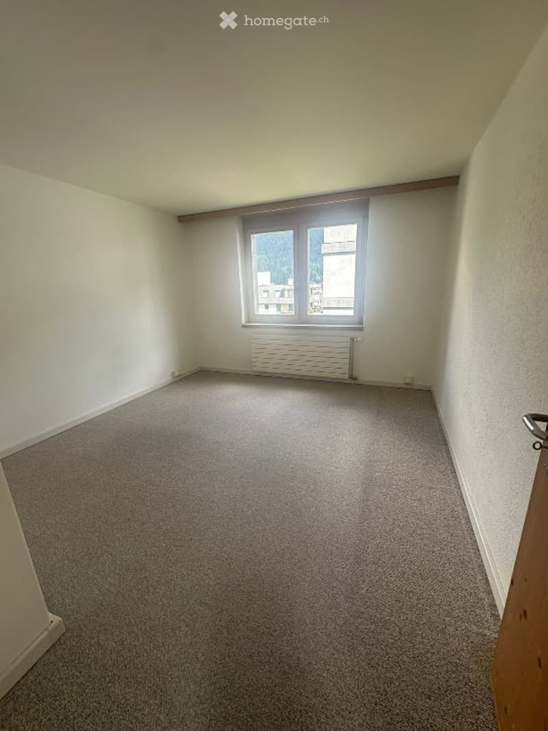Empty room with light-colored walls, carpeted floor, and a single window with a radiator below it.