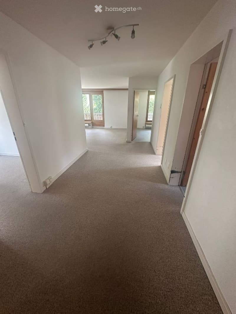 Empty hallway with carpeted floor, white walls, and recessed lighting. Doors lead to other rooms.