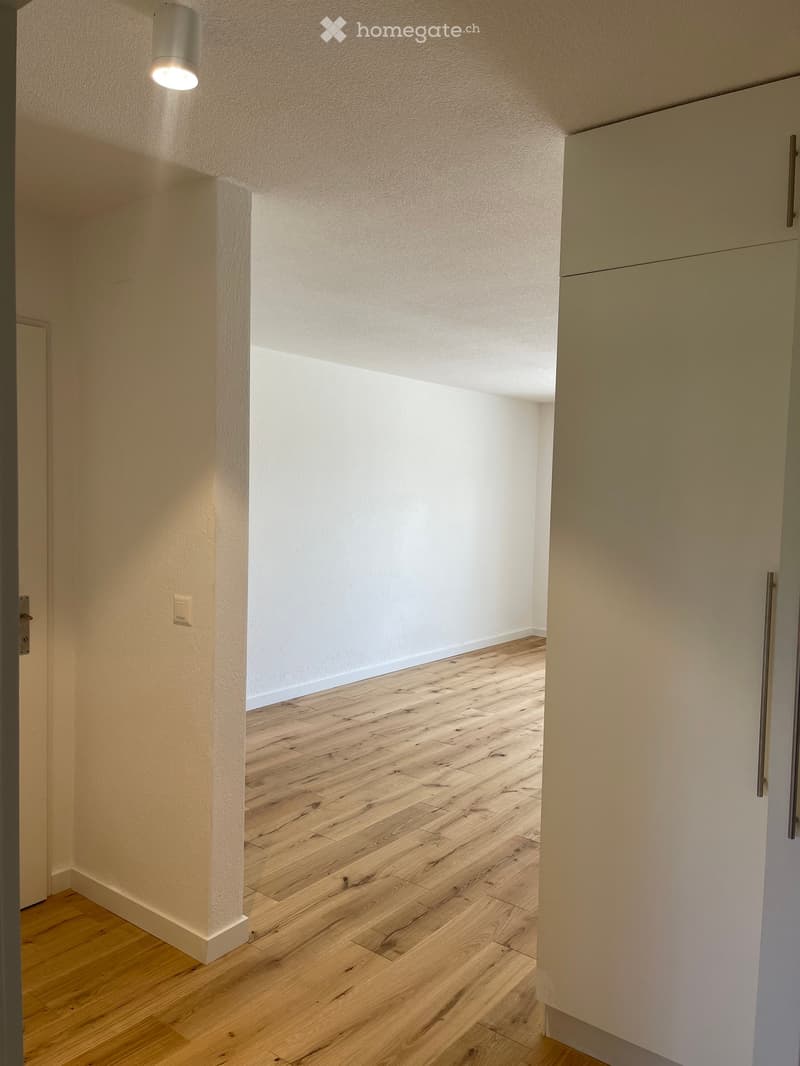 Empty hallway with wooden flooring, white walls, and a recessed ceiling light. Minimalist design with no visible furniture or decorations.
