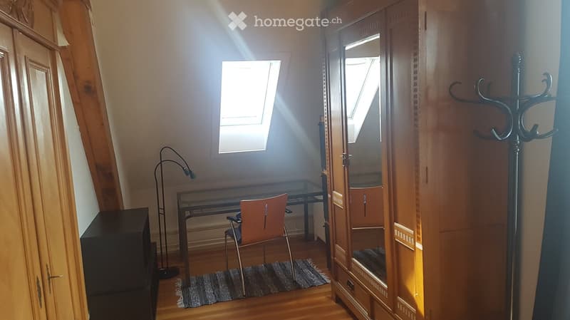 Desk, office chair, wooden floor, wooden desk, floor lamp, wooden wardrobe, rug, cabinet, skylight window