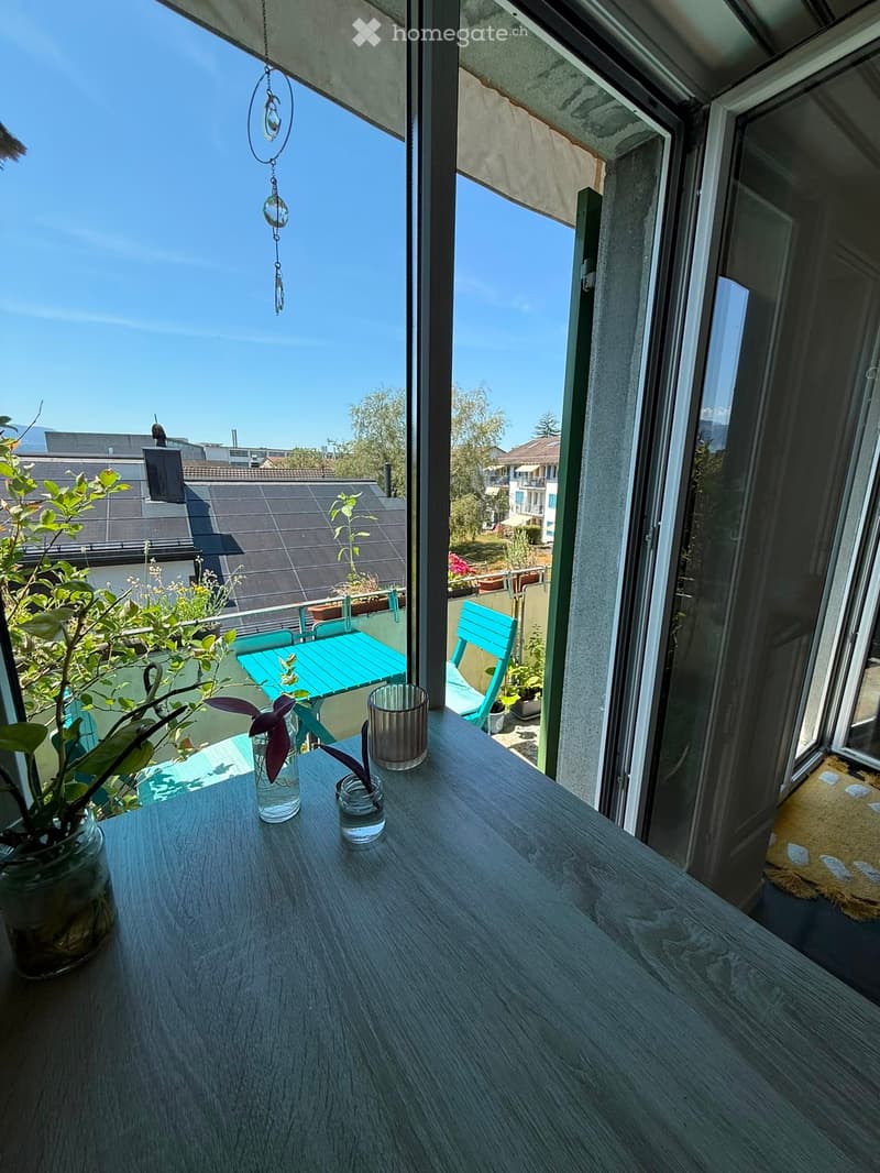 Balcony with a wooden table, chairs, vases, and a view of the city and greenery.