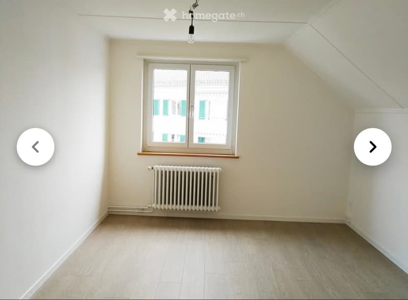 Empty room with light-colored walls, wooden flooring, a single window with a radiator below, and a simple ceiling light fixture.