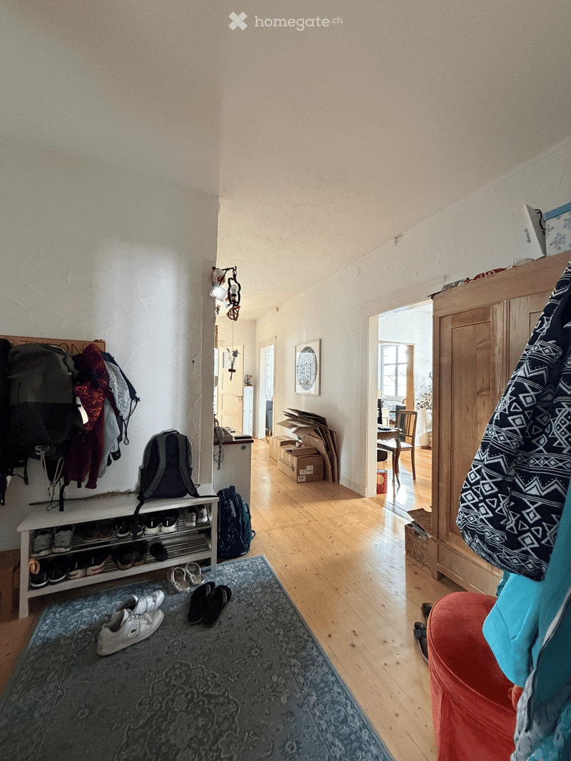 A narrow hallway with wooden flooring, white walls, and a mix of storage and personal items. A shoe rack holds multiple pairs of shoes, and a small shelf displays backpacks and other items. A large rug lies on the floor, and a wooden wardrobe is visible o