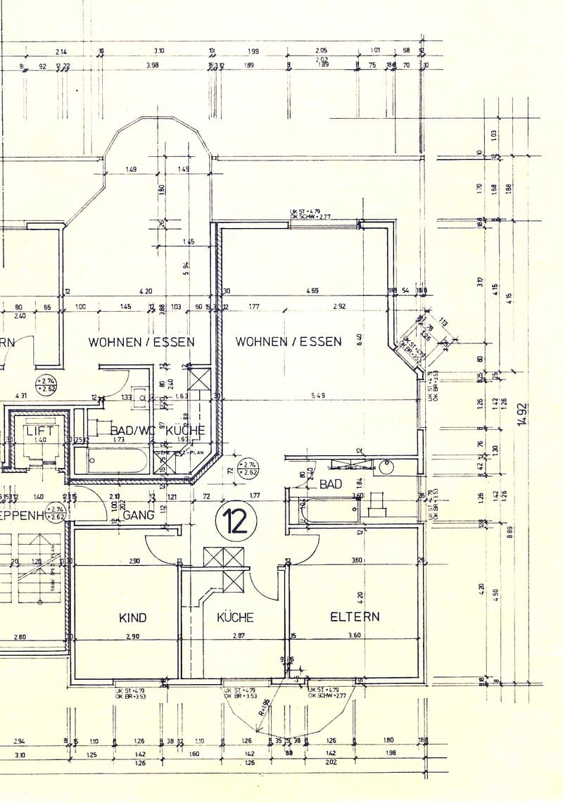 Floor plan showing a multi-room layout with labeled areas including living/dining, kitchen, bathroom, hallway, children's room, and parents' room. Dimensions and measurements are indicated throughout.