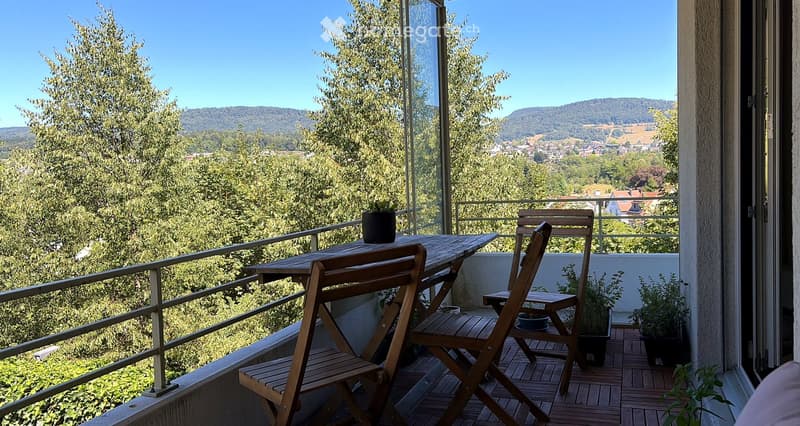 Balcony with wooden table, chairs, and potted plants, overlooking a scenic landscape with trees and hills.