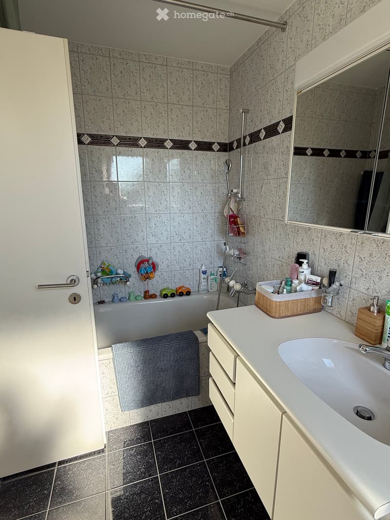 Bathroom with a white sink, bathtub, mirror, and various toiletries. Features tiled walls and a dark tiled floor.