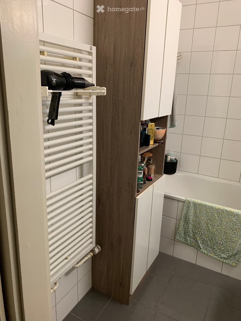 Bathroom with white tiled walls, a bathtub, a towel hanging on the side, a hair dryer on a radiator, and various toiletries on a shelf.