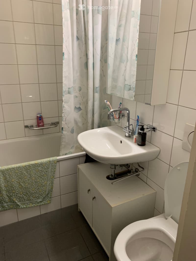Bathroom with a sink, toilet, bathtub, and a cabinet. A mirror is above the sink, and a towel hangs on the side of the bathtub.
