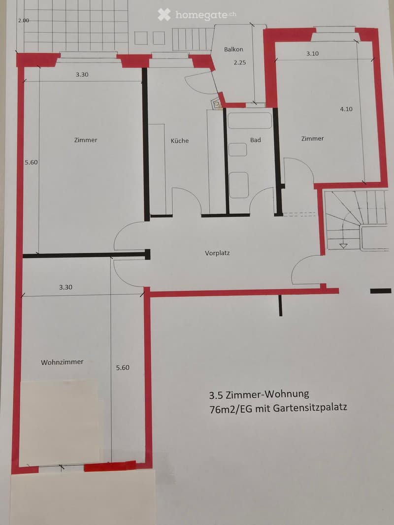 Floor plan of a 3.5-room apartment with 76m2 on the ground floor, featuring a living room, kitchen, bathroom, two bedrooms, hallway, and balcony.