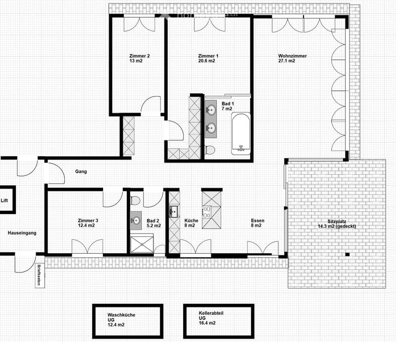 Floor plan of a multi-level house with three bedrooms, two bathrooms, a living room, a kitchen, a dining area, a covered sitting area, a laundry room, and a basement utility area.