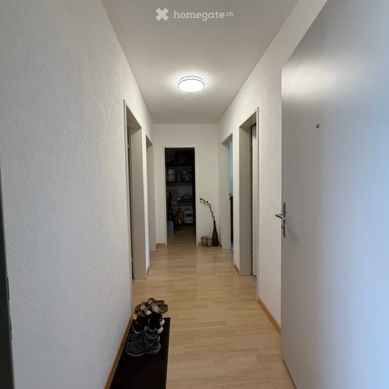 A narrow hallway with light wooden flooring, white walls, and several doors leading to different rooms. A small shelf with items is visible at the end of the hallway, along with a few pairs of shoes placed near the entrance.