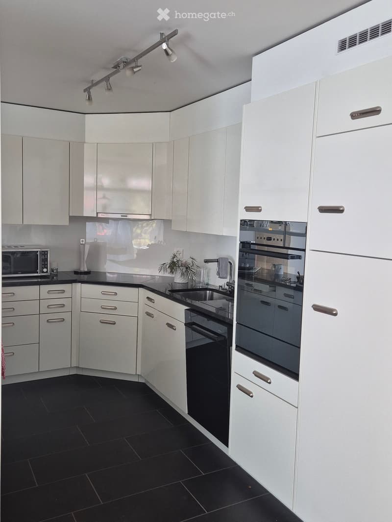 Modern kitchen with white cabinets, black countertops, and stainless steel appliances. Features include a microwave, oven, sink, faucet, and a small plant on the counter.