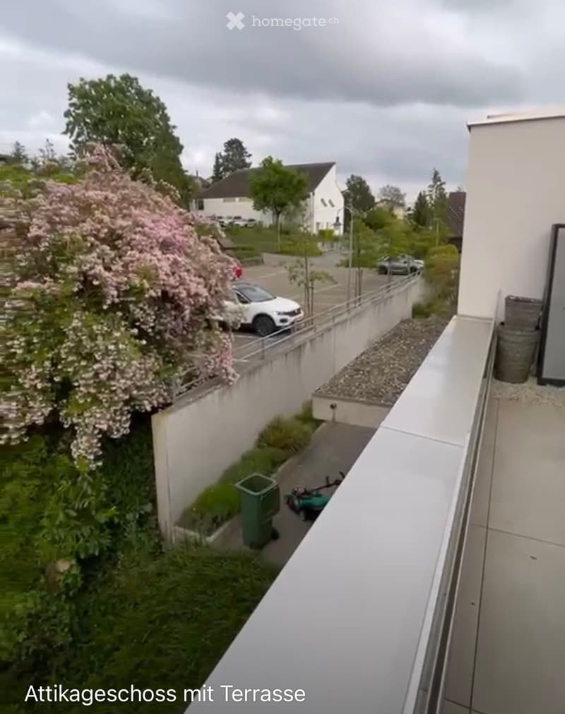 Balcony overlooking a residential area with greenery, a parked car, and a small pathway leading to a building entrance.