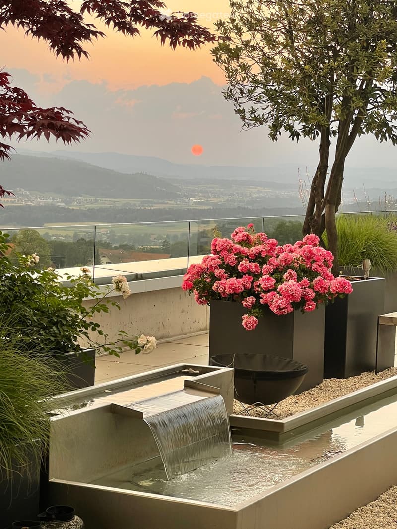 A modern rooftop garden with a water fountain, potted plants, and a scenic mountain view.
