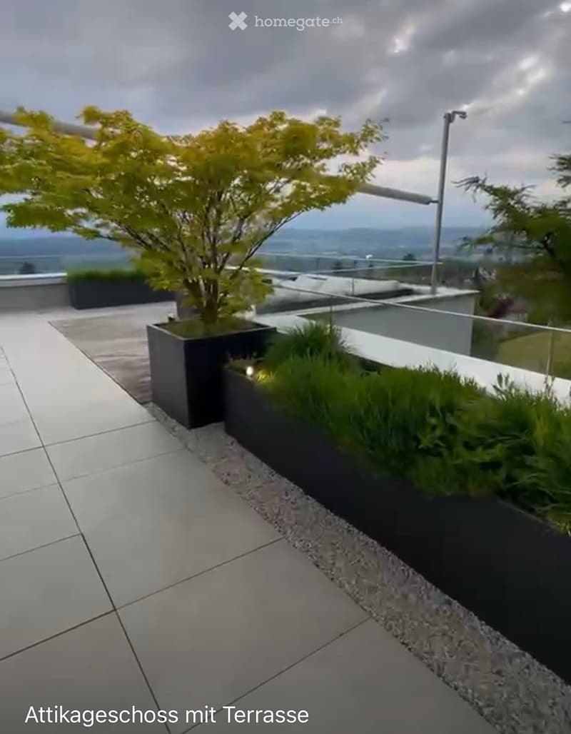 Modern rooftop terrace with clean lines, tiled flooring, and potted plants, offering a scenic view of the surrounding landscape.