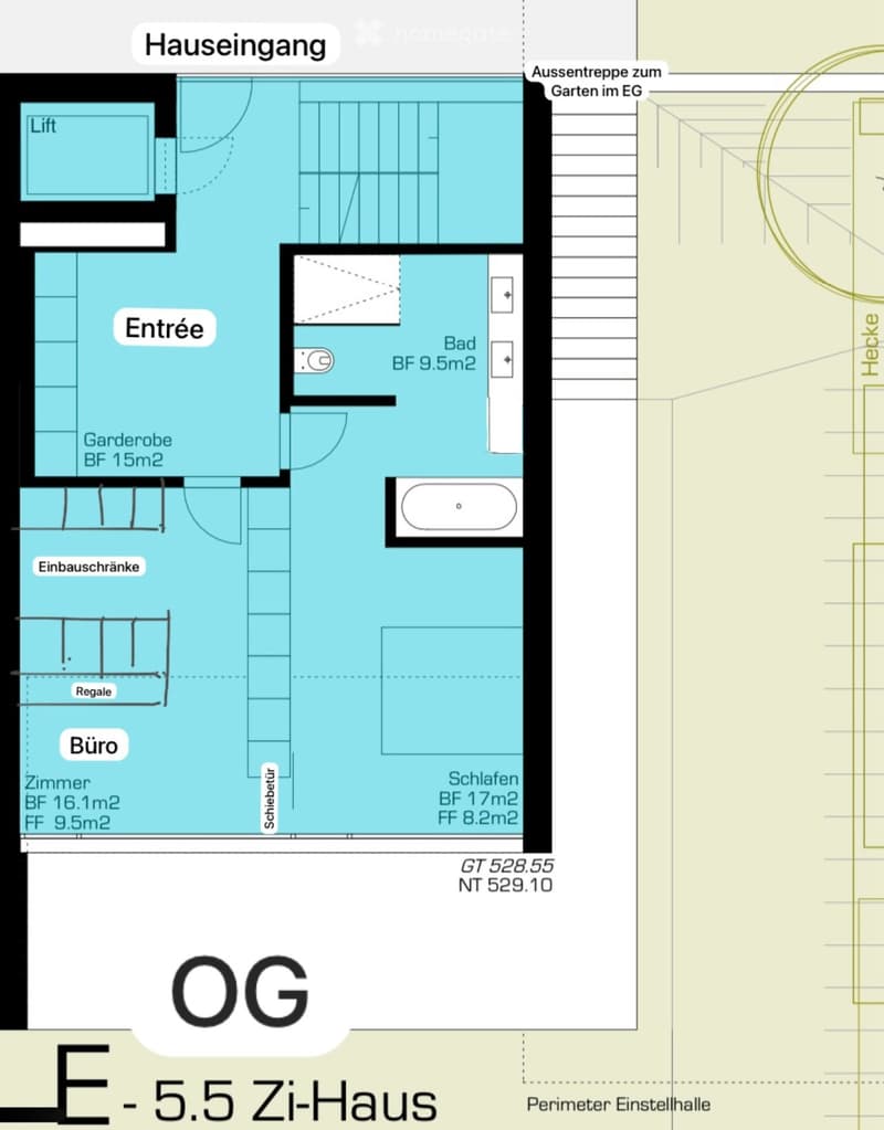 Floor plan of a 5.5 Zi-Haus showing entrance, hallway, bedroom, office, bathroom, closet, and built-in shelves.