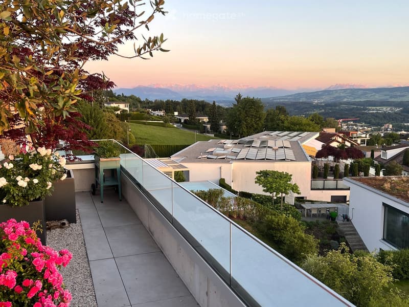 Roof terrace with modern glass railing, potted plants, and scenic mountain view.